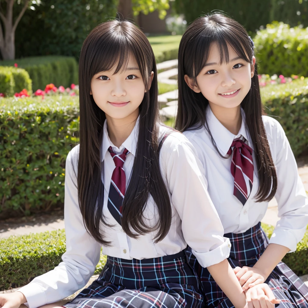 ((8k)),((Japanese)),(16 years old:1.6),(innocent face:1.5),(highly detailed face),girl,cute,uniform,blazer,Chak-patterned skirt,garden,black hair,baby face、smile