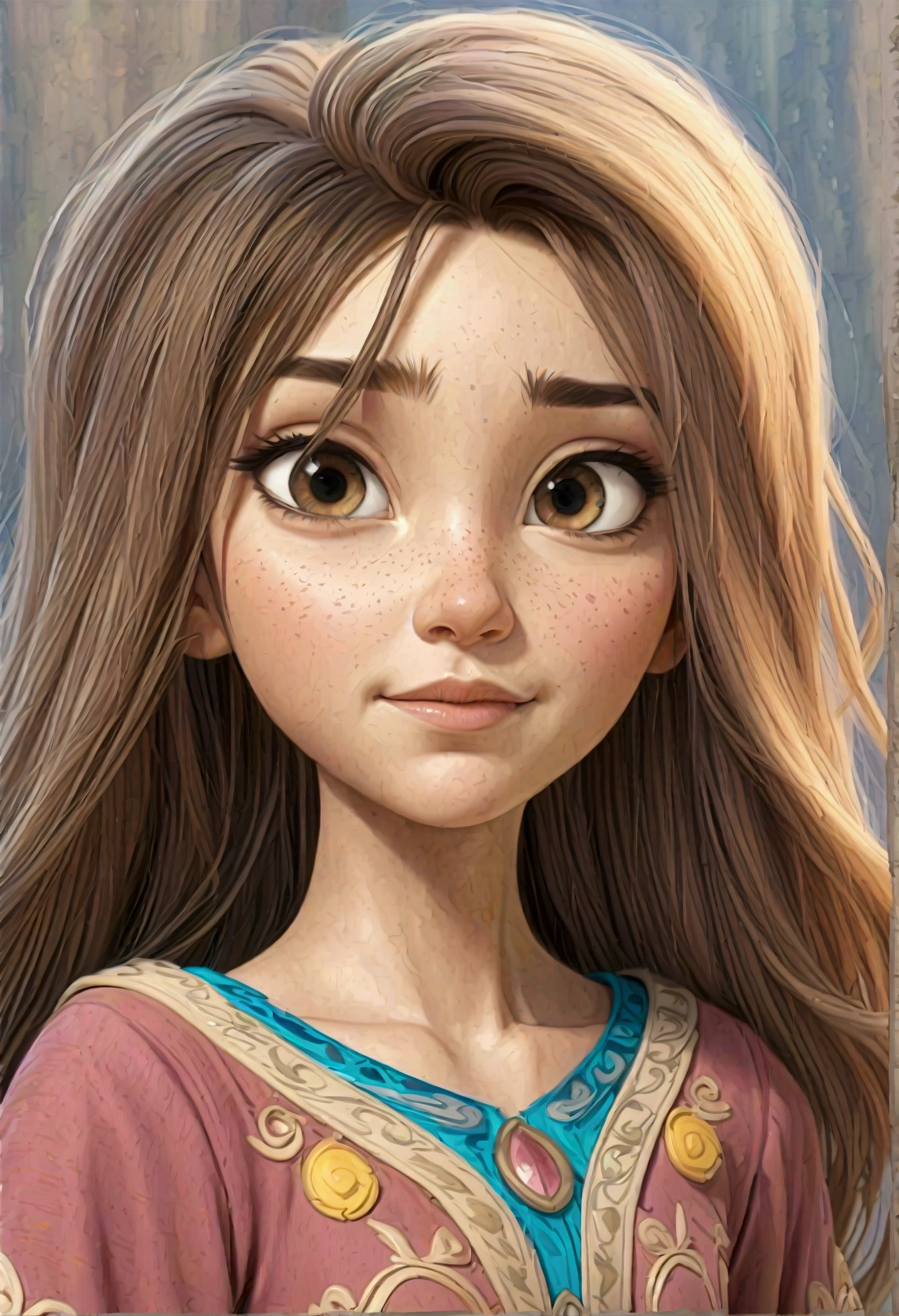Create AlexiaFFD001, 8 years old, wavy light brown hair, charmer smile, pink dress, looking at camera, Pixar animation style.