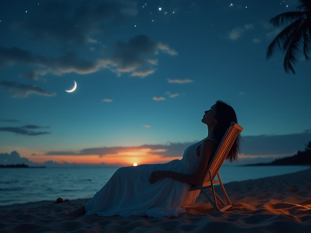 (Front focus), (masterpiece, top quality, the best, official art, Beauty and Aesthetics: 1.2), 1 girl lying on beach chair look up at the night sky, sad, Sitting by the sea, beach, night, look up, Sunset, Sunset, Looking at the sky absentmindedly, Wear a long skirt, White long skirt, (Half-length photo: 1.5), dynamic poses, original photo, contemporary aesthetics, Bright light, Backlight, original photo, sharp focus, realistic feeling, movie lighting, Volumetric lighting,