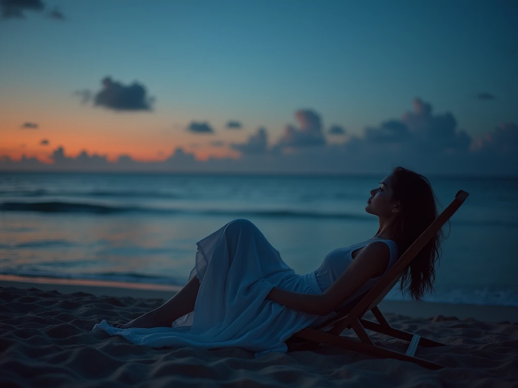 (Front focus), (masterpiece, top quality, the best, official art, Beauty and Aesthetics: 1.2), 1 girl lying on beach chair look up at the night sky, sad, Sitting by the sea, beach, night, look up, Sunset, Sunset, Looking at the sky absentmindedly, Wear a long skirt, White long skirt, (Half-length photo: 1.5), dynamic poses, original photo, contemporary aesthetics, Bright light, Backlight, original photo, sharp focus, realistic feeling, movie lighting, Volumetric lighting,