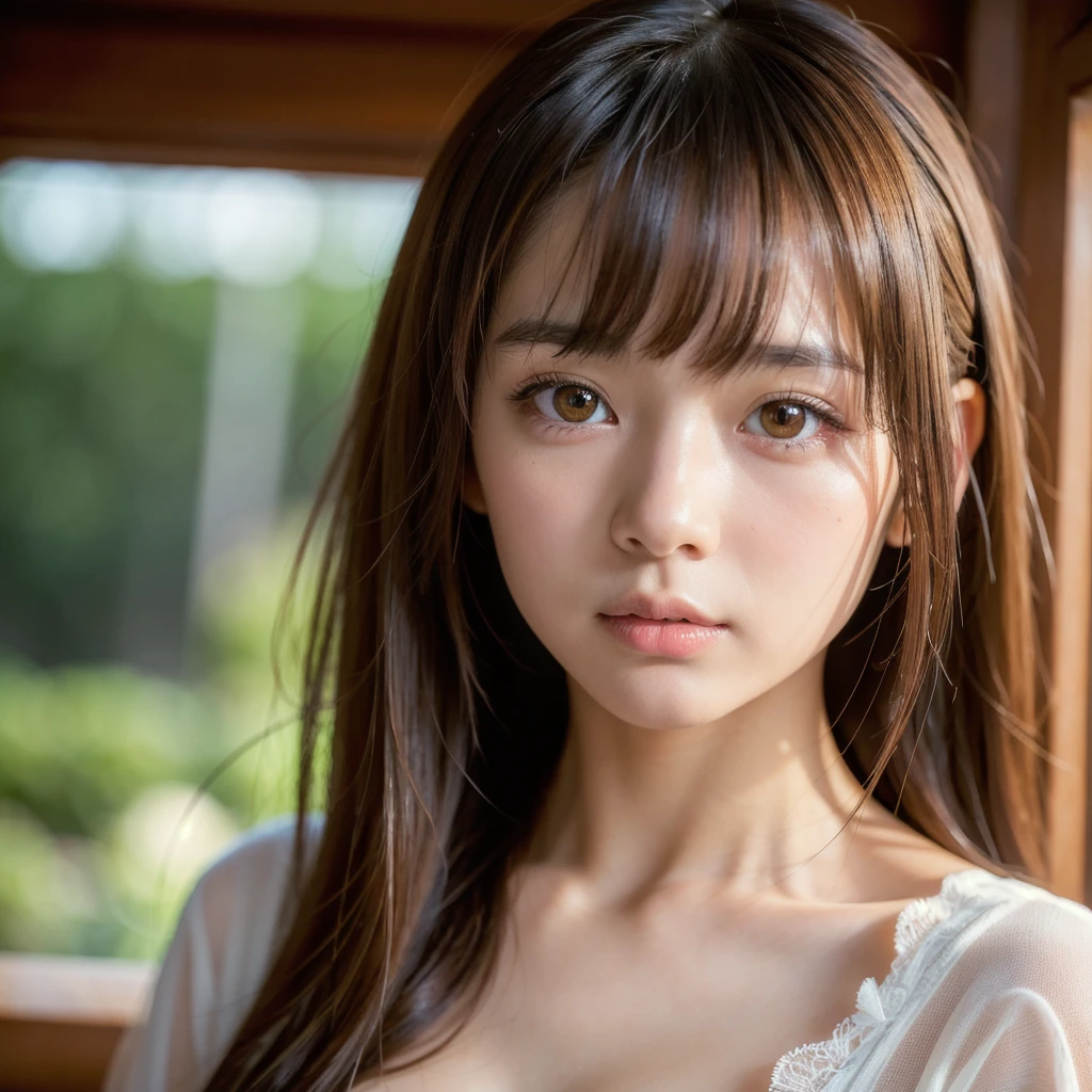 best quality, face focus, soft light, ultra high res, (photorealistic:1.4), RAW photo,
1japanese girl, solo, cute, (pupil, lights in the eyes),  detailed beautiful face, (small chest),(high resolution detail of human skin texture),
(long hair),
indoor,
Damask Shirt Dress,
(portrait)