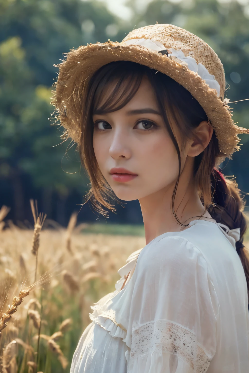 ((masterpiece:1.4, Highest quality)), (Realistic photos:1.4), (artwork),
((1 girl)), (Otherworldly beauty), (dream-like), ((1 girl, Realistic photos)),
(超High resolution:1.2), Very delicate and beautiful, wonderful, Very detailed CG Unity 8k wall paper, Very detailed, High resolution,
Soft Light, Beautiful detailed girl, Very detailed eyes and face, Beautiful and detailed nose, Beautiful and detailed,
(Portrait of a French peasant girl, late 19th century:1.3), (Wheat field), (harvest),
Cinema Lighting, Perfect Anatomy, Slender body, (Parted bangs),
(The world of Barbizon painting:1.5), (「Supper Bell」),
Cowboy Shot