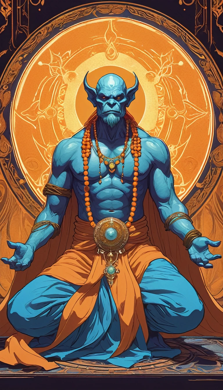 astern border, light blue skinned large orc, he is wearing orange monk robes, he has prayer beads around his forehead, he has large fangs protruding from his lower jaw, he has a gentle and calm expression, he is sitting in a yoga pose, background of orange energy, his hands are glowing yellow, good anatomy, dynamic pose, good proportions, modern style, vector, highly detailed, intricate, masterpiece, realistic, professional, Dark Fantasy, d&d,(centered), (well framed), vector-art, gradient color, detailed, realistic, professional art masterpiece, (Art Nouveau), Illustration by Alphonse Mucha, (vector-art:1.1) Negative prompt
