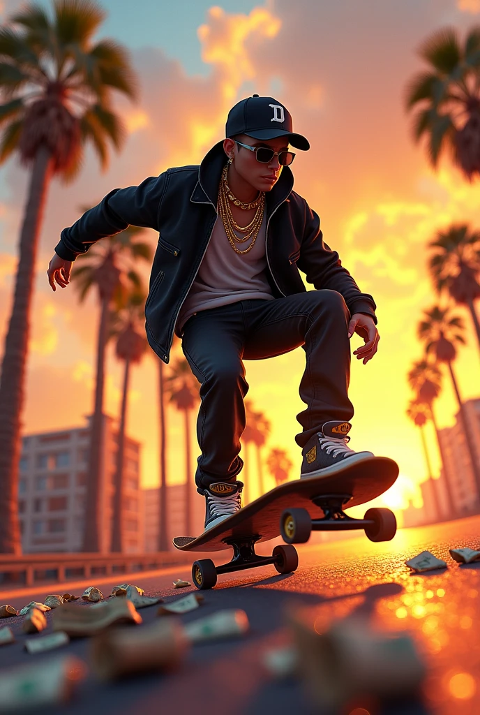 Horse,black,Basecap Skateboard urban golden jewelry palm trees Sunset Dollar notes sunglasses