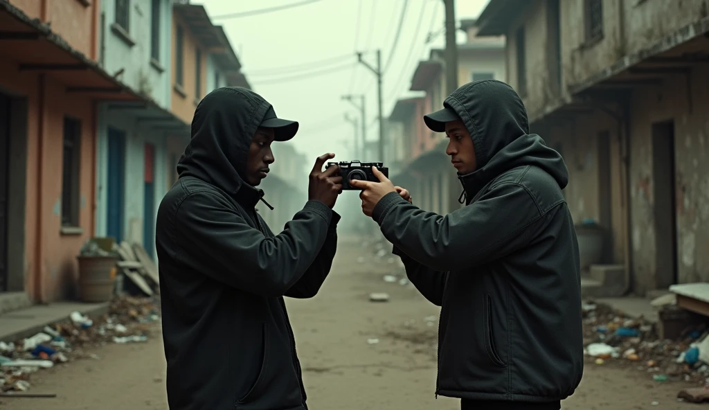2 young men robbing in a marginalized neighborhood with many people with guns in their hands, one is dark-skinned and the other is white and one of them takes a pasola photo size 16:9