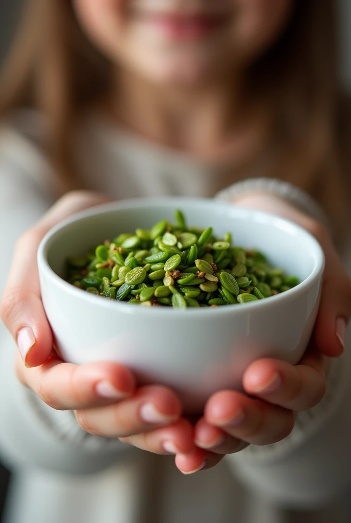 Indian roasted green Fennel seeds in white glass bowl, held by a girl in her hand, show only hand like she raised the bowl, no body or face
