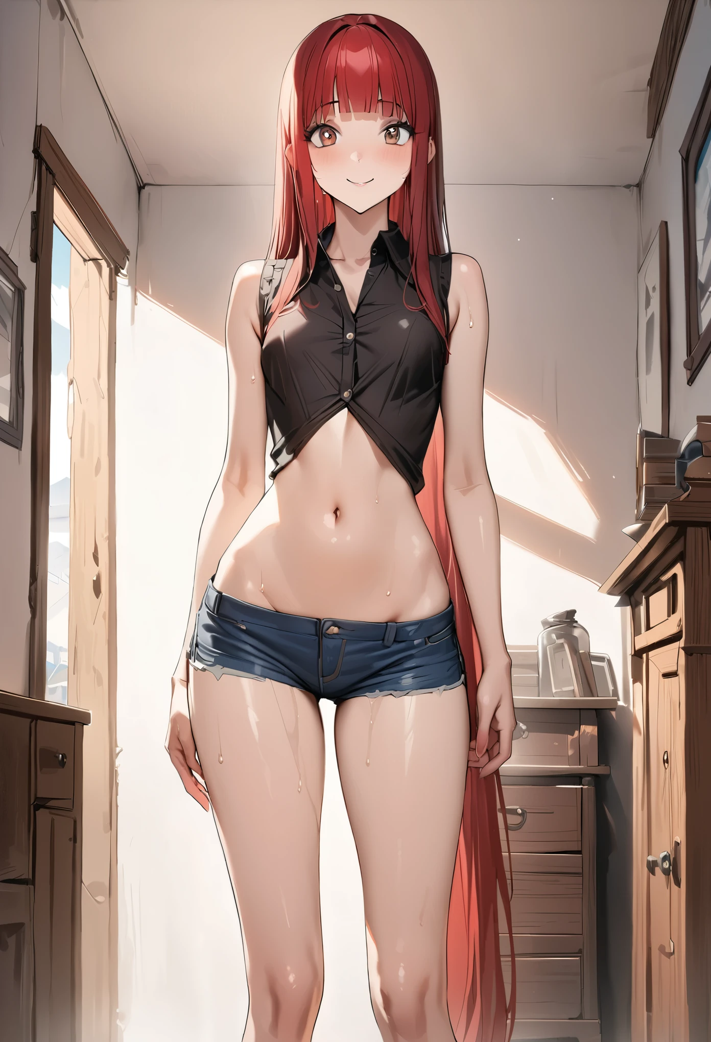 ((masterpiece,best quality anime,Highest quality:1.3)),realistic,cowboy shot,(25 year old beauty), gunslinger ,1woman,独奏,((very small head:1.4)),((very long body:1.3)),red hair,bangs,straight long hair,gorgeous big eyes,brown eyes,smile,(Black collared shirt,No sleeve)、navel、(Denim mini skirt),((slender body:1.3,skinny)),small breasts,gleaming skin,shiny skin,sweat:1.3,Simple bedroom、The World of Westerns、