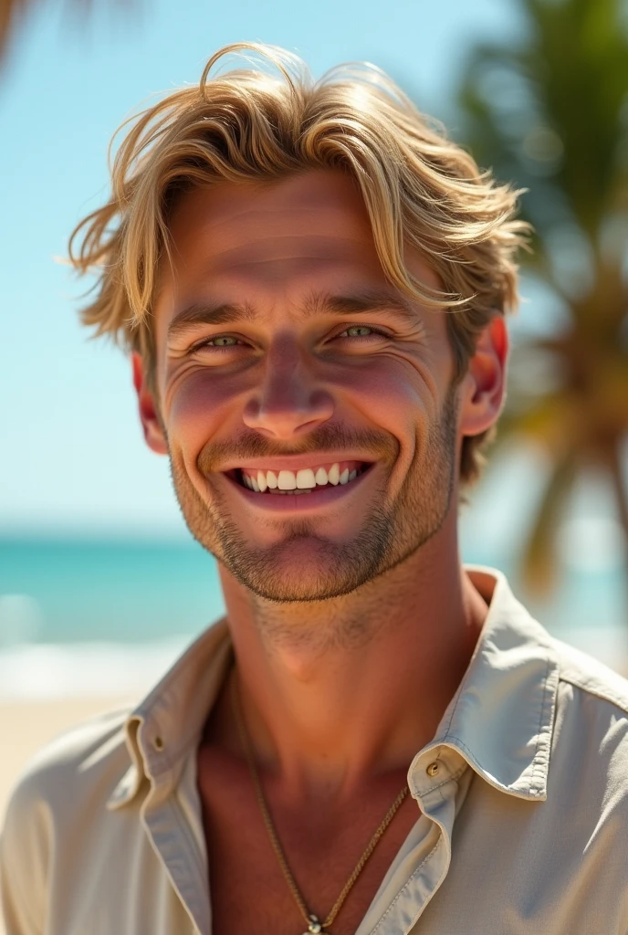 23 year old man, Caucasian skin, hair blonde, greeneyes, Paul Walker-like smile, beach style