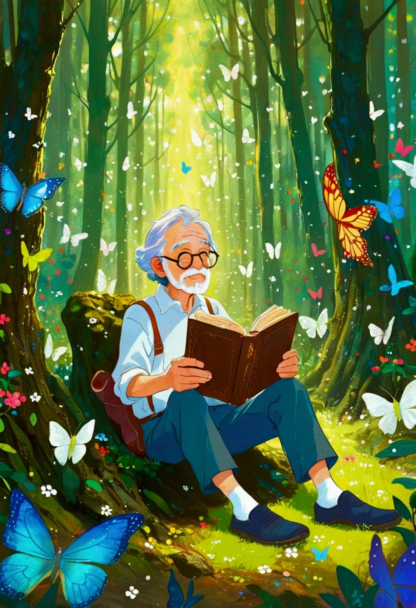 A man is reading in a forest full of butterflies, Character portraits inspired by Hayao Miyazaki, Pixiv competition winner, Magical Realism, William Joyce, Miyazaki style, Hayao Miyazaki, An old man, Cyril Rolando 和 M. Vacaruta, Cyril Rolando 和 M.Vacaruta, Ghibli art style