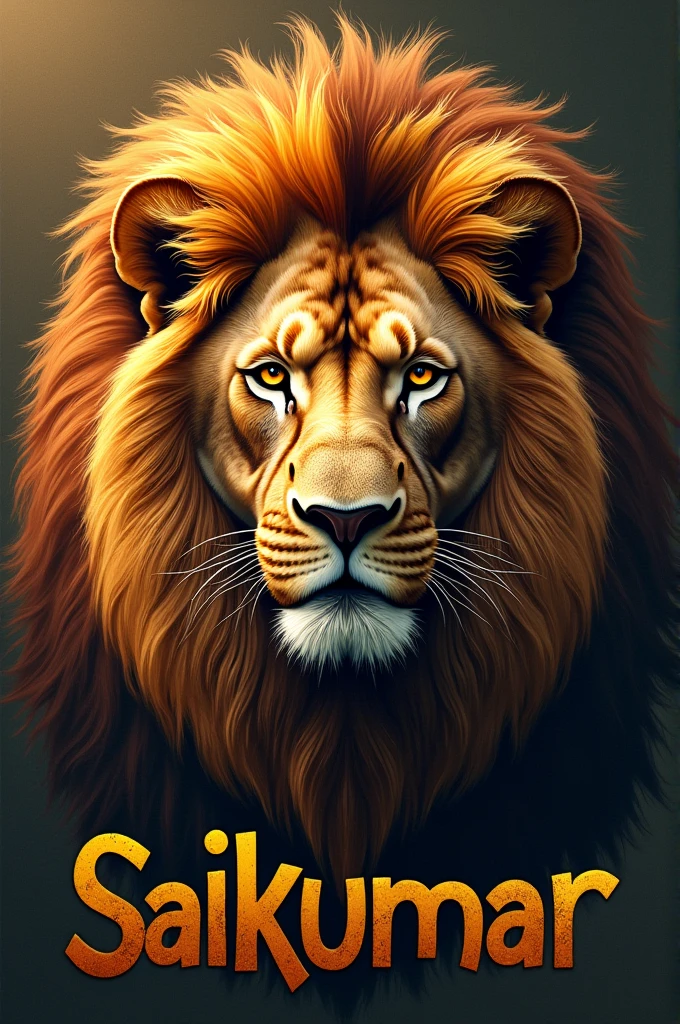 Create a name design for "Saikumar" featuring lion faces. Arrange the letters of "Saikumar" in a way that integrates lion faces into or around the name. For instance, the lion faces could be used as part of the letter "S" or "K," or placed as accents at the beginning and end of the name. Ensure that each lion face is detailed and expressive, reflecting different aspects of a lion’s character, such as strength, courage, and regality. Use a color palette that includes rich, warm tones like gold, brown, and deep orange to enhance the majestic feel of the design.