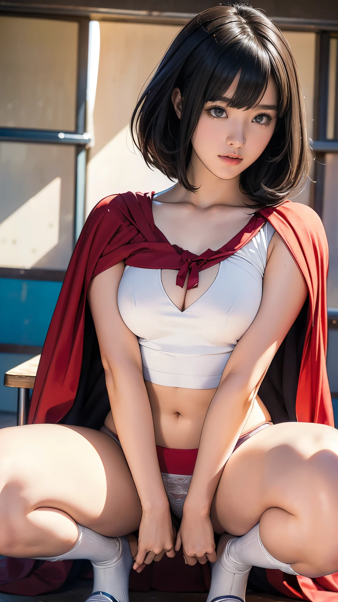 (masterpiece:1.2, Highest quality), (Realistic, photoRealistic:1.4), Beautiful illustrations, Browsing Caution、(Natural Side Lighting, Cinema Lighting), Written boundary depth, 
Looking at the audience, (Face Focus, Upper Body), Front view, 1 girl, Japanese, high school girl, , Perfect Face, Symmetrical cute face, Glowing Skin, 
(Bob Hair:1.7,Black Hair), Asymmetrical bangs, Big eyes, Droopy eyes, long eyelashes chest), thin, 
Beautiful Hair, Beautiful Face, Beautiful and beautiful eyes, Beautiful clavicle, Beautiful body, Beautiful breasts, Beautiful thighs, Beautiful legs, Beautiful fingers, 
(((((super junior high  girl))), Marvel Heroines, Abstract, psychedelic, (creative:1.3), Fantasy 00d、 Black Hair、bob cut with trimmed ends、Big Breasts、thin crotch、belly button、High-leg style、Red Cape、White panties、Her panties are visible under her wide-open legs.、((Show your crotch)),(((Squat)))、Keeping your butt on the ground、Transparent clothes、 ))
(Beautiful views), evening,  Squatting down, (smile, Superior),(Poor visibility:1.5)