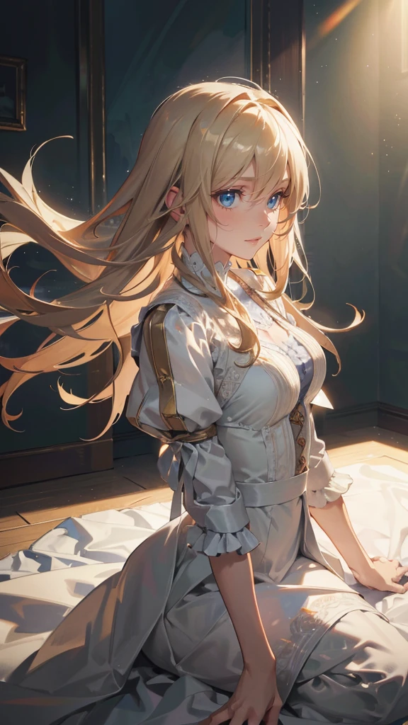 Photorealistic:1.5, Beautiful woman, extremely long hair, white blonde hair, blue eyes, (masterpiece:1.3), (best quality:1.3), high-resolution, Head-on angle, Body facing forward, solo, beautiful detailed eyes, shadow lighting, beautiful detailed glow, best illuminate, (((best quality, textile shading, ultra detailed))), extremely detailed CG unity 8k wallpaper, Highly Detailed beautiful and aesthetic, best light, high resolution, detailed, dynamic lighting, 1Character, cell shade, soft, muted shades, gentle colors,