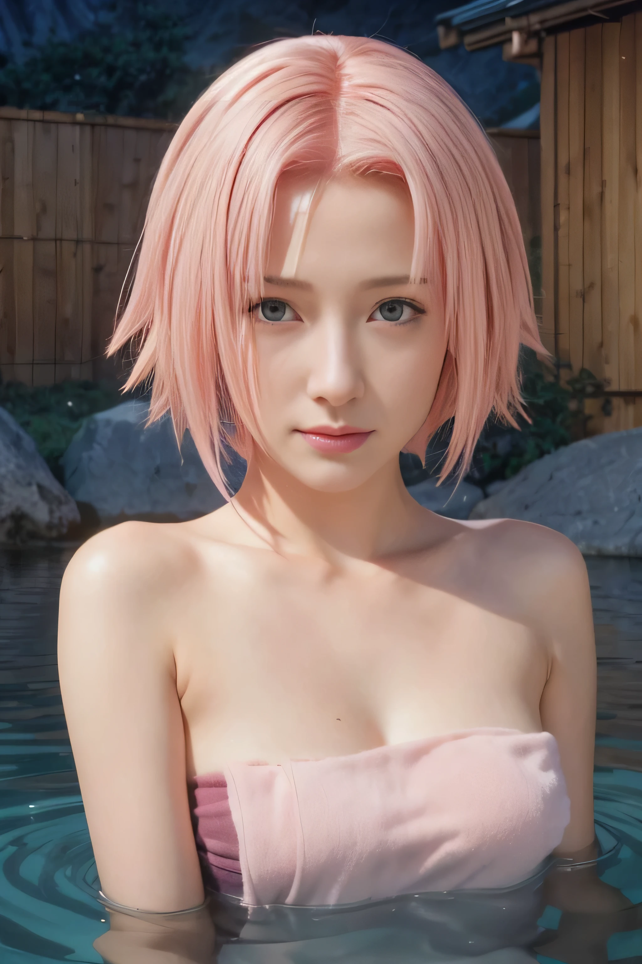 masterpiece, best quality, (realistic,photo-realistic:1.4), (RAW photo:1.2), extremely detailed CG unity 8k wallpaper, delicate and beautiful, amazing, finely detail,official art, absurdres, incredibly absurdres, huge filesize, ultra-detailed, extremely detailed, extremely detailkcaled girl,extremely detailed eyes and face, light on face,little smiles,(short hair:1.3),(pink hair:1.3)(nature background:1.4),haruno sakura,(wearing towel:1.3)