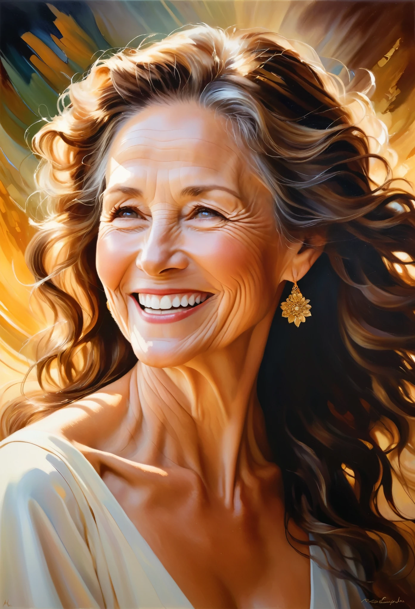 A gracefully aging philanthropic leader, her porcelain skin contrasting with earthy brown waves of hair. Renowned for her unwavering dedication to improving the lives of those around her, she is honored and celebrated by all. This striking portrait captures her essence in a breathtaking painting, showcasing the warmth in her eyes and the kindness in her smile. Every intricate detail, from the subtle laugh lines to the golden light illuminating her profile, radiates a sense of timeless elegance and unwavering strength. The image invites viewers to admire the beauty of compassion and resilience embodied in this remarkable woman.