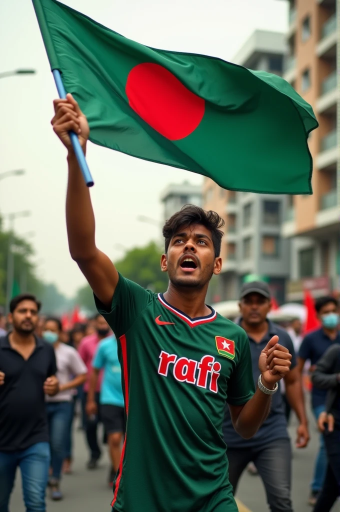 A 20-year-old boy is protesting with a Bangladeshi flag in his hand on the streets of the capital. Wearing the jersey of Bangladesh. 'rafi' written in English on Jersey