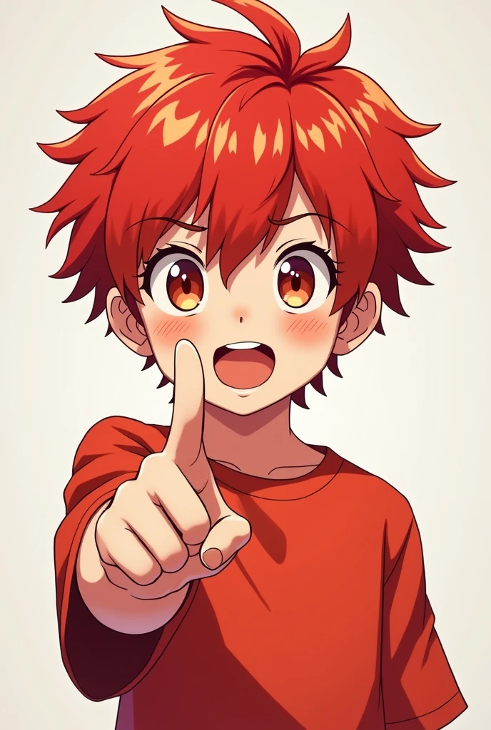 Boy with red hair wearing a red anime style shirt sticking out his finger
