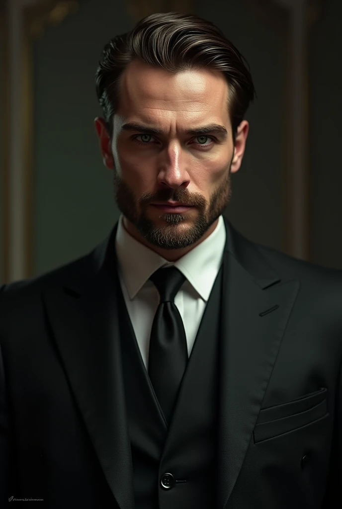 Alex volkov from twisted love, Russian man, green jade eyes, brown slick hairs, sharp features with sharp jawline, roman nose, stubble beard, a frown on his face, serious, handsome, 6'4, lean and we'll built, wearing an expensive nine piece suit, hot, masculine, sharp seductive eyes