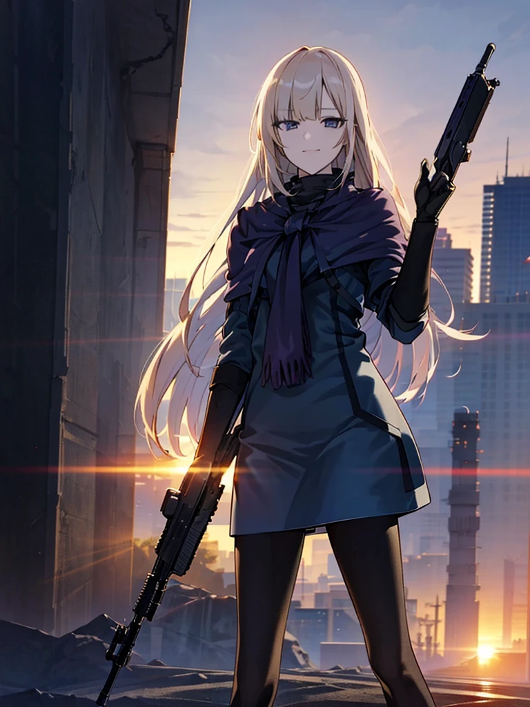 , Multiple names, Cityscape, building, Skyline, sunset, Silhouette against a cloud background, meditation. Watching the beautiful sunset, sunset時に, sunset時, sunsetとともに, In the sunset, Nice views, Sunset view, With the sunset, sunset時に, During Golden Hour, looking sunset時に, Sunset in the background, Watching the sunset, In the spotlight, holding_gun, assault_rifle, Very detailed, Brown Hair, Long Hair, Anime Style, whole body, alone, Stylish Gunfighter Girl, Holding a steampunk long barrel pistol,Standing in the wasteland, 8K high resolution, White Background, The background is a dark and desolate landscape, Horror movie atmosphere. Her figure is very beautiful, Emphasizing the dark and crazy elements. Skillfully expressing the effects of light and shadow, Anime girls with guns and rifles, from Girls' Frontline, mechanized soldier girl, Girls' Frontline style