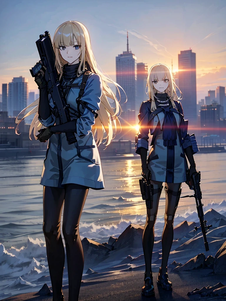 , Multiple names, Cityscape, building, Skyline, sunset, Silhouette against a cloud background, meditation. Watching the beautiful sunset, sunset時に, sunset時, sunsetとともに, In the sunset, Nice views, Sunset view, With the sunset, sunset時に, During Golden Hour, looking sunset時に, Sunset in the background, Watching the sunset, In the spotlight, holding_gun, assault_rifle, Very detailed, Brown Hair, Long Hair, Anime Style, whole body, alone, Stylish Gunfighter Girl, Holding a steampunk long barrel pistol,Standing in the wasteland, 8K high resolution, White Background, The background is a dark and desolate landscape, Horror movie atmosphere. Her figure is very beautiful, Emphasizing the dark and crazy elements. Skillfully expressing the effects of light and shadow, Anime girls with guns and rifles, from Girls' Frontline, mechanized soldier girl, Girls' Frontline style
