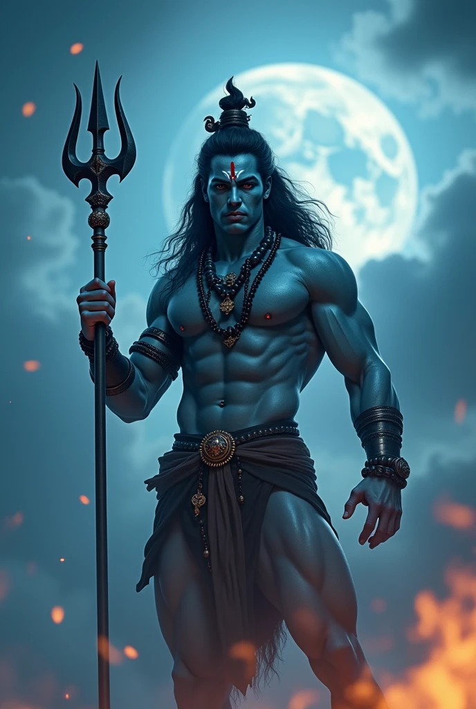 a powerful huge body, huge arms, muscular lord shiva, light blue tinted night sky with cloudy moon, lord shiva holding trishul, closeup shot, extremely detailed skin and well detailed eyes (best quality,4k,8k,highres,masterpiece:1.2),ultra-detailed,(realistic,photorealistic,photo-realistic:1.37),dramatic lighting,cinematic composition,intricate details,vibrant colors,mystical atmosphere, fire and foggy blurry environment
