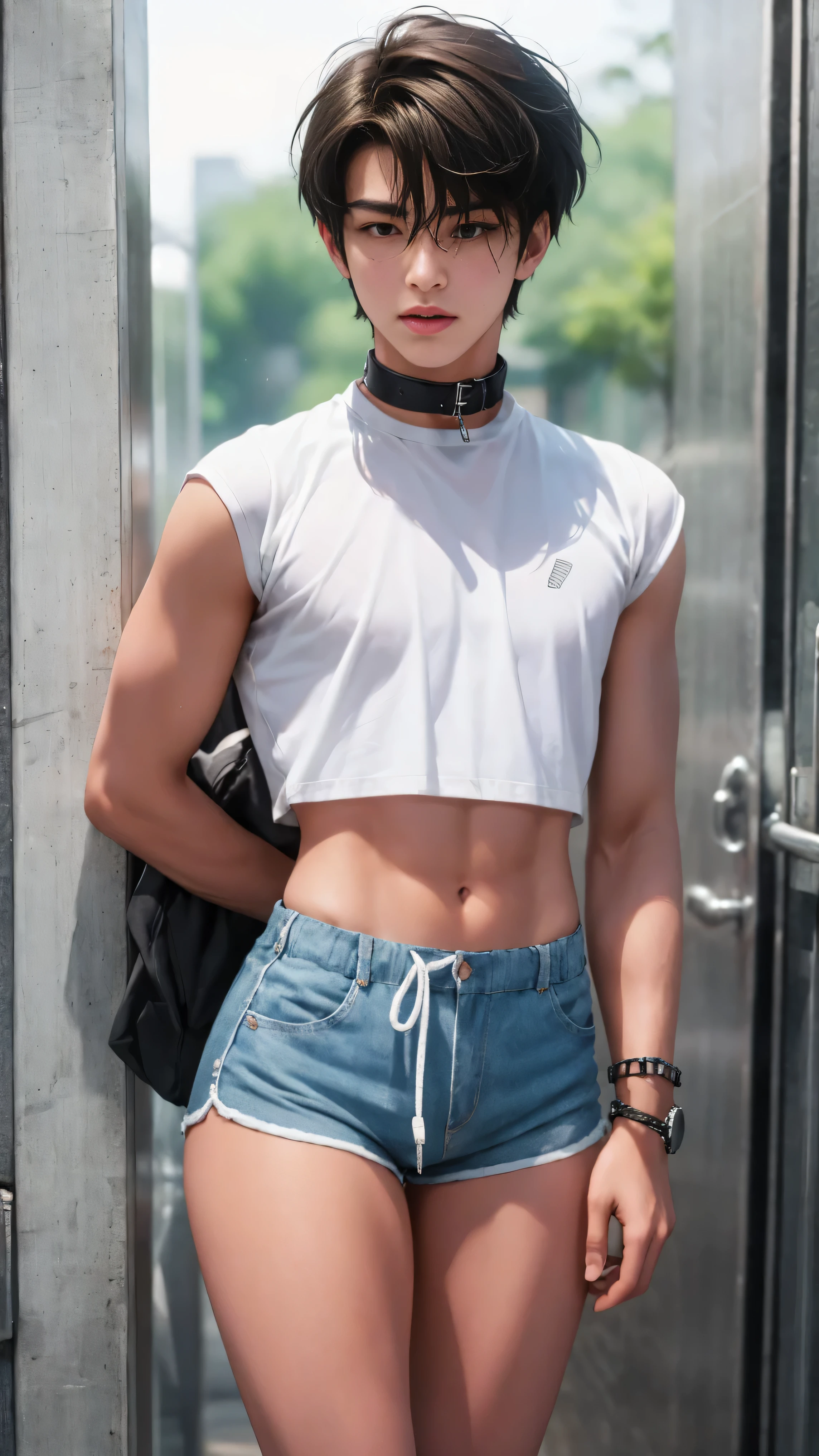 Handsome boy 18 years old, tanned, cute face, brown eyes, dark hair, bangs, wearing short sleeved cropped shirt and excessively short mini shorts, long slim legs, bracelets, flirtatious pose, hot summer, top quality