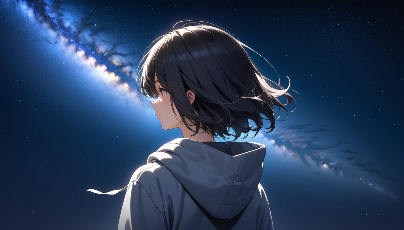 Starry Sky、milky way、One woman、Black Hair、Short Hair、Hair blowing in the wind、profile、Wearing a hoodie、Back view、Full body portrait