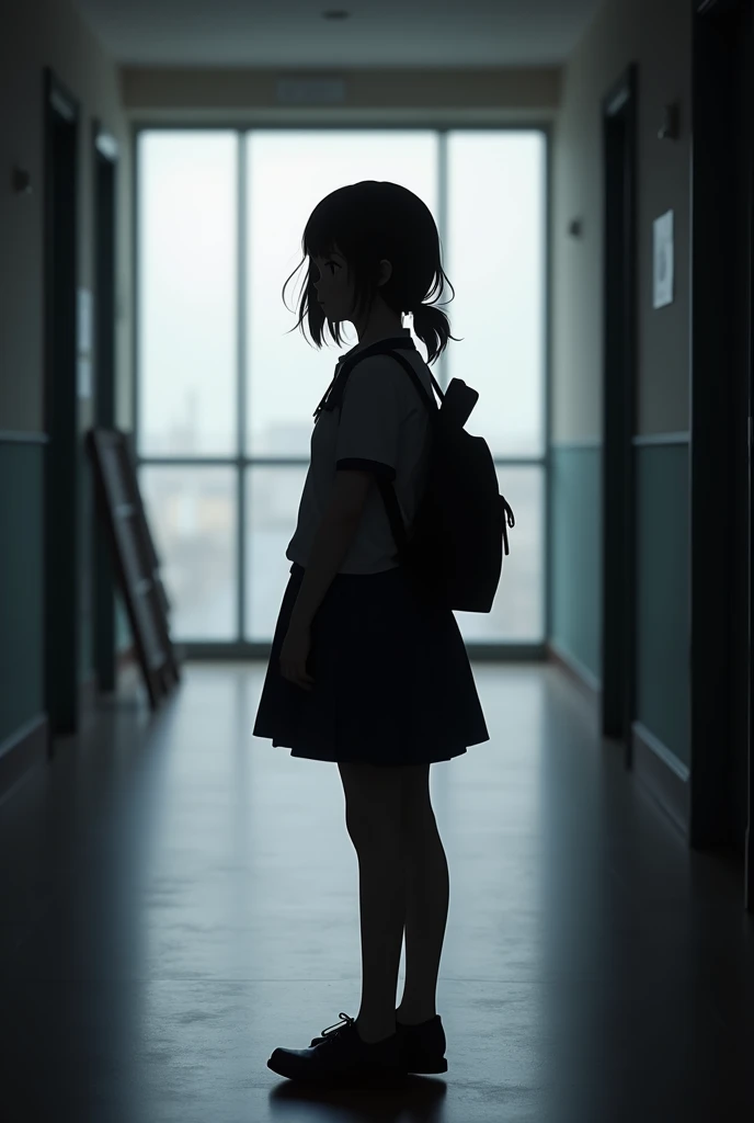 A silhouette of a  girl wearing school uniform 