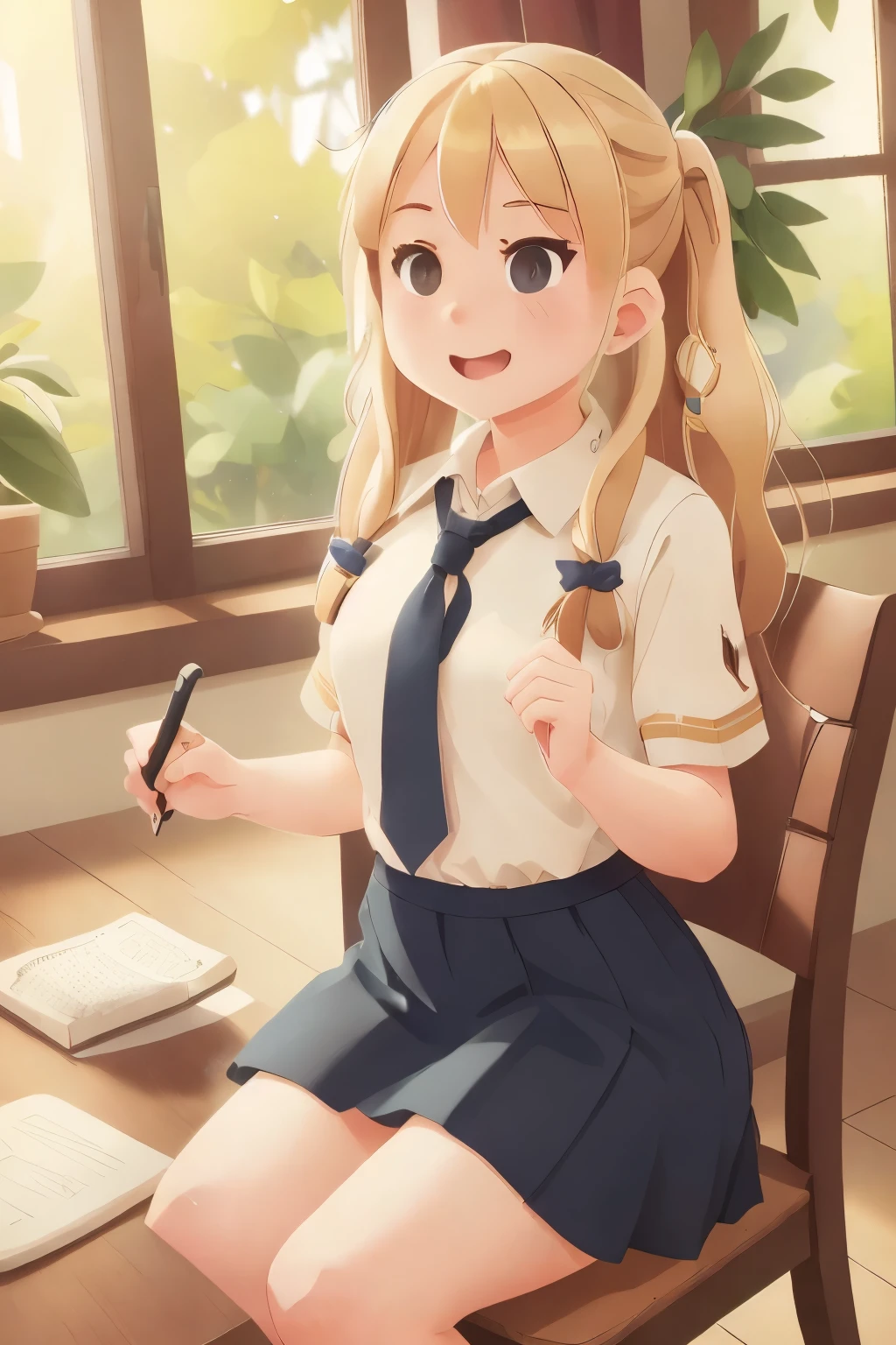 (extremely detailed CG unity 8k wallpaper,masterpiece, best quality, ultra-detailed),school classroom setting,sunlight filtering through trees,beautiful blonde high school girl with twintails and ahoge(D-cup),smartphone in hand,fidgeting with it,beautiful black-haired high school girl,thin and flat-chested, wearing sailor uniform,sitting on chair and having conversation with blonde girl who is sitting on desk,in the evening.