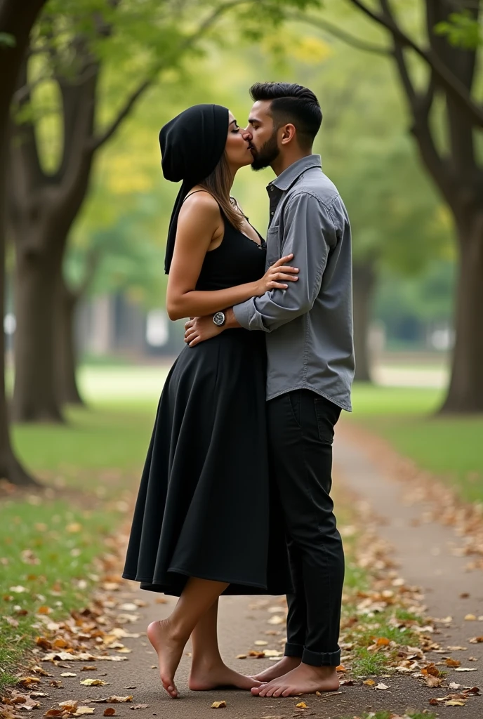 Black turban, black skirt, barefoot woman kissing her boyfriend in the park