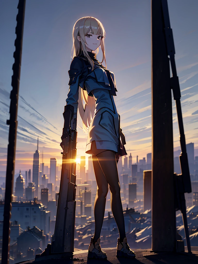 Multiple names, Cityscape, building, Skyline, sunset, Silhouette against a cloud background, meditation. Watching the beautiful sunset, sunset時に, sunset時, sunsetとともに, In the sunset, Nice views, Sunset view, With the sunset, sunset時に, During Golden Hour, looking sunset時に, Sunset in the background, Watching the sunset, In the spotlight, holding_gun, assault_rifle, Very detailed, Brown Hair, Long Hair, Anime Style, whole body, alone, Stylish Gunfighter Girl, Holding a steampunk long barrel pistol,Standing in the wasteland, 8K high resolution, White Background, The background is a dark and desolate landscape, Horror movie atmosphere. Her figure is very beautiful, Emphasizing the dark and crazy elements. Skillfully expressing the effects of light and shadow,