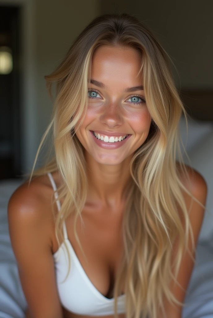 (close-up face portrait:1.4) tanned girl 19 years old:1.2) with the name TamaraJane, with very very long legs, long blond hair, skinny body, very tiny waist, (abs:0.7), small chest, small hips, small , (blue eyes:1.3), (in her bed), with a smile ,8k