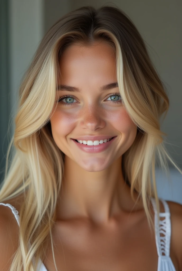 (close-up face portrait:1.4) tanned girl 19 years old:1.2) with the name TamaraJane,  with very very  long legs, long blond hair, skinny body, very tiny waist, (abs:0.7), small chest, small hips, small , (blue eyes:1.3),  (in her bed), with a smile ,8k