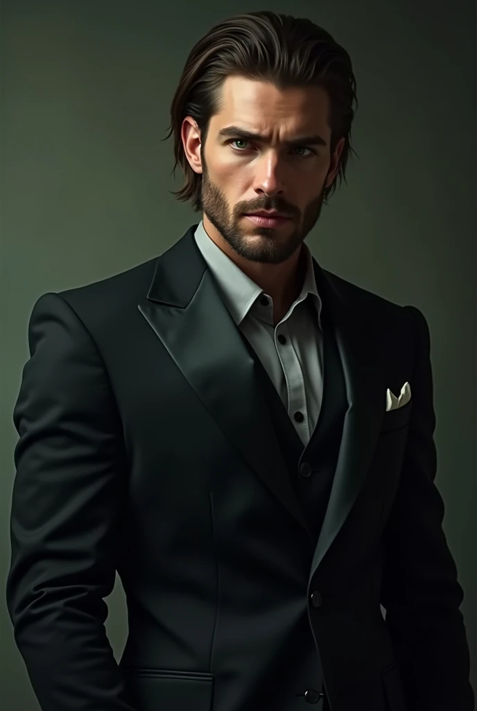 Alex volkov from twisted love, 25 year old, Russian man, green jade eyes, brown slick hairs, sharp features with sharp jawline, roman nose, stubble beard, a frown on his face, serious, handsome, 6'4, lean and we'll built, wearing an expensive nine piece suit, hot, masculine, sharp seductive eyes