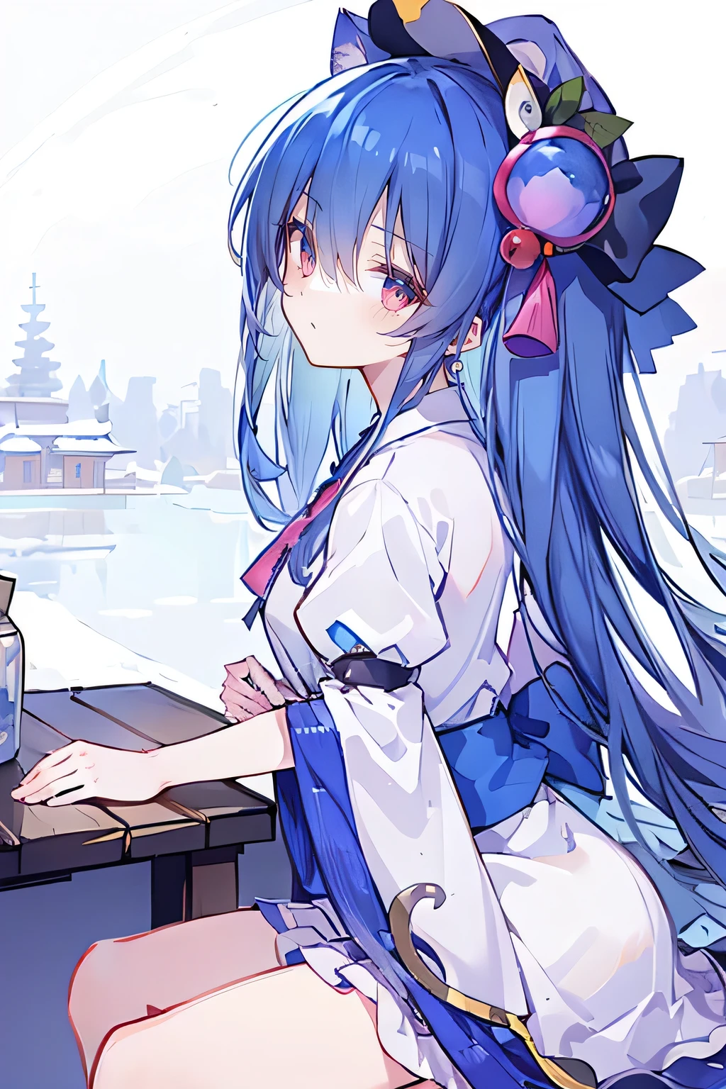 (masterpiece:1.2),Ultra-detailed,lifelike,The eyes are expressive,Fair skin,Perfect face shape,1 girl,
Japanese Manga,Gorgeous blue hair,Flowing blue hair,Flowing clothes,Cat's ears,Petals falling,Beautiful Lola,little angel,
Cross your legs,Gentle and peaceful background,The pavilion is cool and comfortable,Smile,Tokyo background,background,snow,winter,Back。