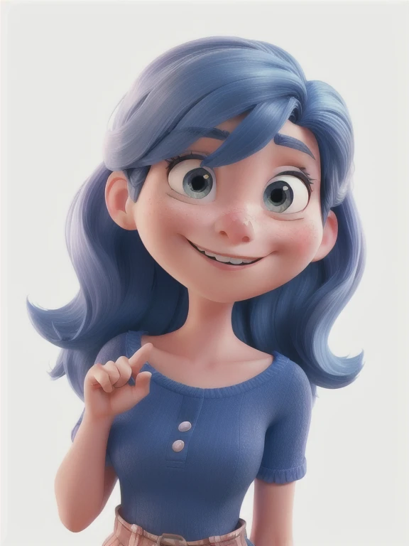 Disney and Pixar style adult woman, hair parted in the middle, high quality, best quality, super detailed, vibrant colors, white background, waving hand