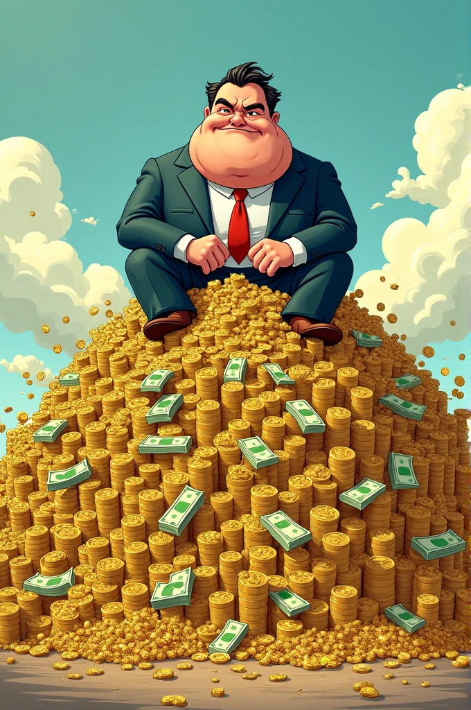 The tycoon sits on a pile of money and gold, cartoon