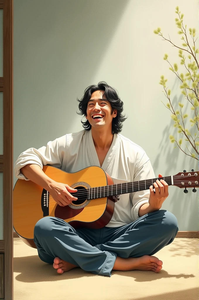 Please make an illustration of a Japanese man with lightly curled black hair that reaches his shoulders, sitting cross-legged with a guitar and singing happily.