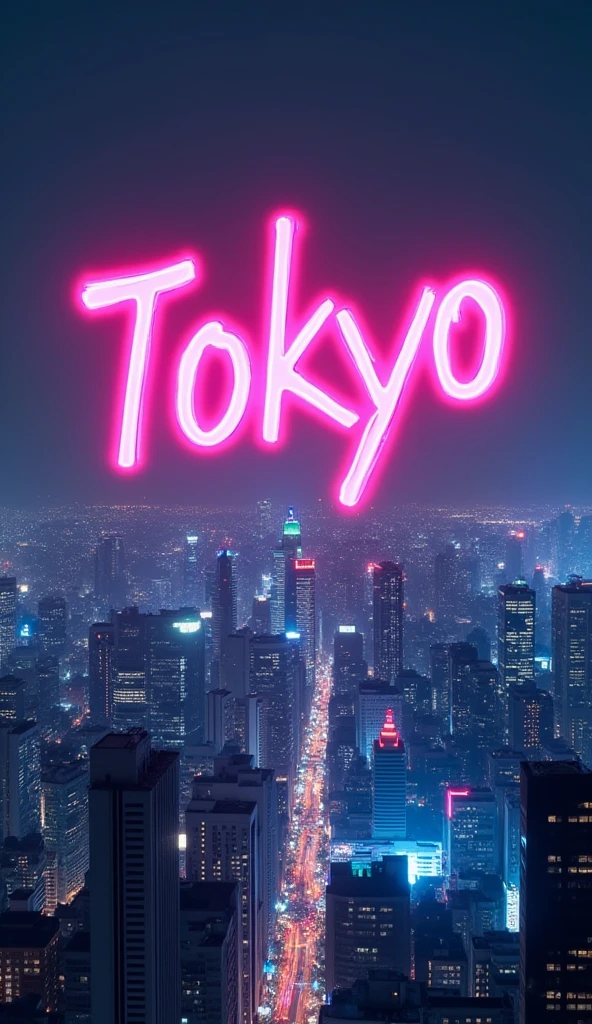 The text 'Tokyo' in pink and blue neon, floating over a futuristic city with skyscrapers and neon lights. Night vision, vibrant colors.