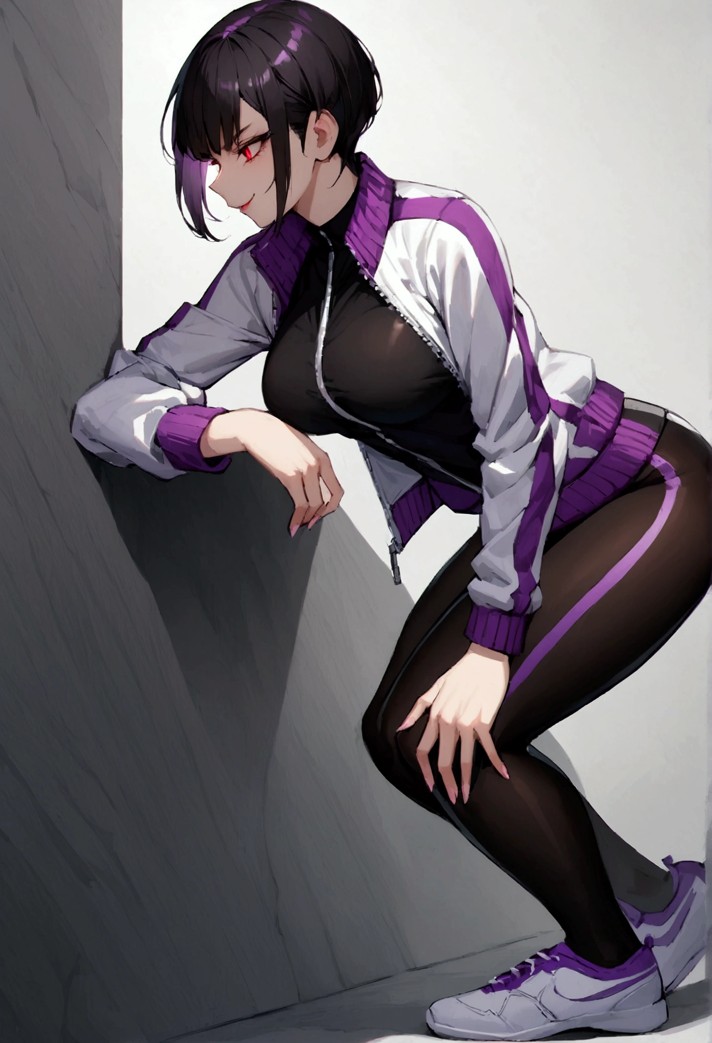 alone,short hair,work of art,face detailed,beautiful young fitness woman with , in a gym wearing May with black pantyhose, white and purple tight short gym jacket. standing alone,red eyes glowing,Evil smile,legging preto ,labiaa,dark eye shadow,shining eyes,a hand leaning against the wall,neckleace,jacket zipper half open,Tight black shirt,white sports tennis shoes,short hair with purple details,beautiful curves,whole body,hair with purple details,labiaa,detailed face and eyes,work of art,sexy look,crouched,pefil from sideways,from sideways,confrontation