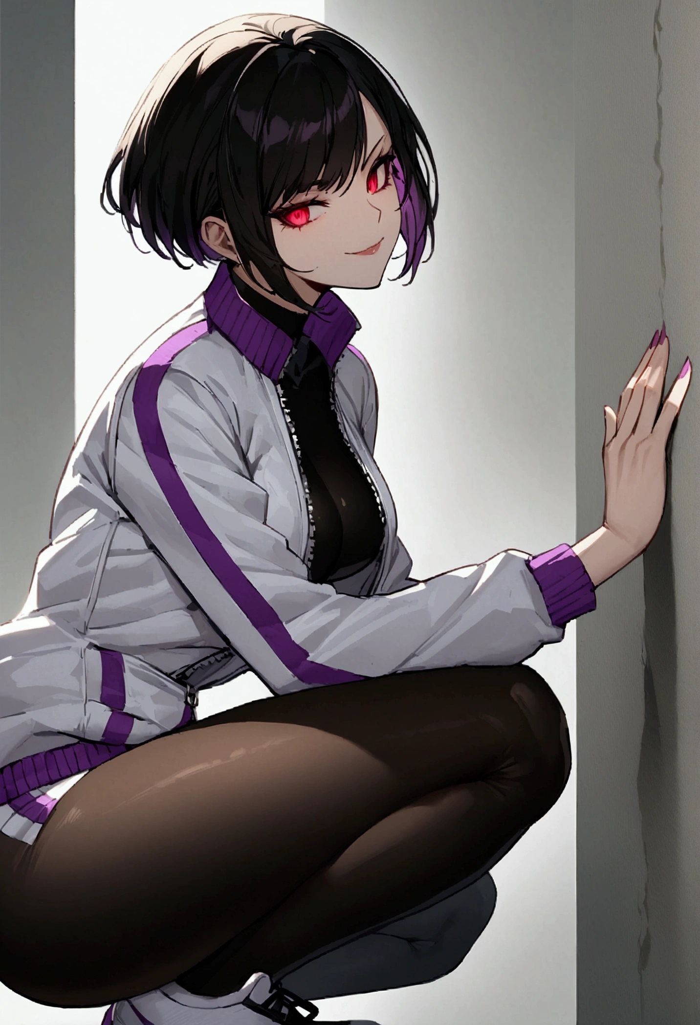 alone,short hair,work of art,face detailed,beautiful young fitness woman with , in a gym wearing May with black pantyhose, white and purple tight short gym jacket. standing alone,red eyes glowing,Evil smile,legging preto ,labiaa,dark eye shadow,shining eyes,a hand leaning against the wall,neckleace,jacket zipper half open,Tight black shirt,white sports tennis shoes,short hair with purple details,beautiful curves,whole body,hair with purple details,labiaa,detailed face and eyes,work of art,sexy look,crouched,pefil from sideways,from sideways,confrontation