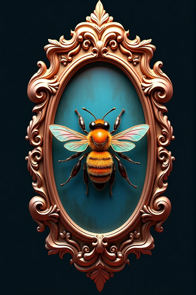 Logo design: shapes and frames: elongated, double-rimmed logo with an exquisitely carved engraving. Center picture: in the middle of a frame, place a perfectly realistic picture of a real bee in the hands clenched. Writing and ribbon: below the picture of the bee, add the bow with the inscription "syahrul rowa" in 3d model. Above the bee image, add "241" also to the 3d model. Color and effect: use a metallic shades of red and blue for the entire logo. The words "syahrul rowa" and "241" had to be made of gold and silver glass with a hue of green and pink. Background: transparent, with which logos can be applied to various backgrounds.