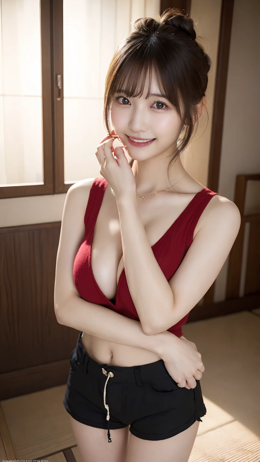 Ultra-realistic), (An illustration), (High resolution), (8k), (Very detailed), (最高のAn illustration),(Raw photo, Best Quality), (Realism, Photorealistic:1.4), Mastepiece, Very delicate and beautiful, Extremely detailed, 2k wallpaper, amazing, Fine details, Very detailedなCGユニティ8kの壁紙, Super detailed, High resolution, Beautiful detailed girl, Very detailedな目と顔, Beautiful detailed nose, Beautiful detailed eyes,Cinematic Lighting,Perfect Anatomy,Perfect promotion,(A shy smile, Beautiful Face), ((Perfect Legs, Perfect legs, Perfect hands, Perfect hands指, Perfect Arms, A shy smile, The mouth is perfect)), Looking straight at the camera, Bangs and ear bangs、necklace、 (((Cute Japanese girl wearing black shorts)))、 (((A beautiful 20 year old Japanese girl wearing a red sleeveless sweater))), (((H cup big breasts)))、(((Bursting Busty!!!!!!!!!))) (((Huge boobs!!!!)))、((Huge breasts))、(((Attractive big breasts!!!!!!))), ((((Full body writing)))), ((((Hair Bun)))), ((Solo Photo)), ((Black Hair)), ((((Beautiful smile)))), (Slender body), ((Standing indoors in a seductive pose)), ((Emphasis on cleavage))