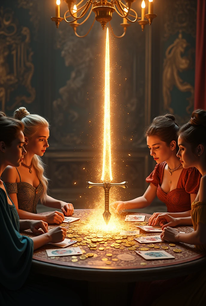 (masterpiece, Highest quality, shape, Subtle details, 8k:1.2),(Highly detailed CG Unity 8k wallpaper), (Highest quality), (Best illustrations), (((Card games:1.2))),A digital image set in a lavish medieval room where noblewomen are playing a card game. The cards are old and depict fantastical creatures like dragons, berserkers, medieval knights, wizards, and weapons. The women are gambling with gold coins, and other nobles are watching closely. A knight holding a silver glowing holy sword has just emerged from one of the cards with a flash of light, causing the onlookers to gasp in amazement.,A highly detailed digital image of a card game taking place in a luxurious, medieval noblewoman's chamber. The room is richly decorated with tapestries, chandeliers, and intricate furniture. Four elegantly dressed noblewomen are seated around an ornate table, deeply engrossed in a high-stakes card game. The cards are the size of playing cards, ancient and worn, featuring illustrations of mythical creatures such as dragons, berserkers, medieval knights, wizards, and enchanted weapons. One of the women has just played a card depicting a silver-glowing holy knight holding a radiant sword, and the knight is dramatically emerging from the card in a burst of light. The other noblewomen and onlookers, dressed in luxurious gowns and attire, react with gasps and amazement as they witness the magical event. Gold coins are scattered across the table, symbolizing the stakes of the game. The scene is bathed in warm, golden light, adding to the opulence and grandeur of the setting.,A lifelike and dynamic digital image depicting a card game in a richly adorned medieval chamber where four noblewomen are playing. The women, dressed in luxurious gowns, are intensely focused on the game at a beautifully crafted table. The cards they use are old and worn, featuring illustrations of mythical beings like dragons, berserkers, knights, wizards, and magical weapons. One player has just placed a card showing a holy knight with a silver-glowing sword, and the knight is materi