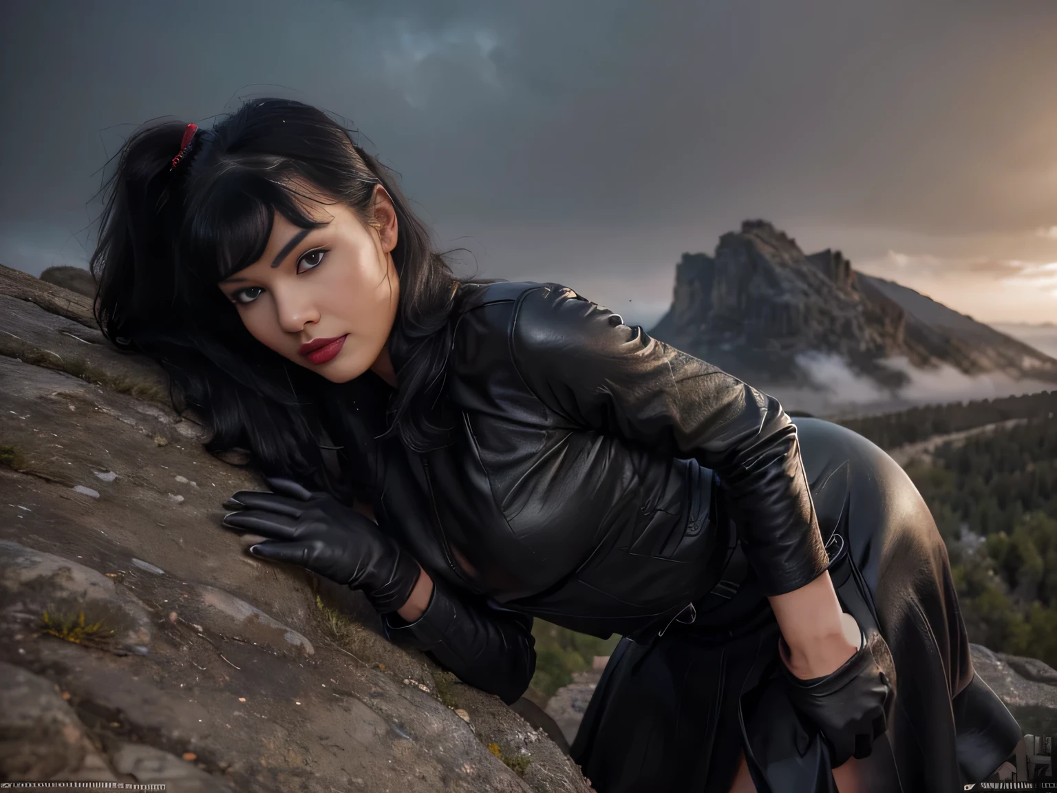 proFessional  photograph oF a gorgeous eyes closed soaked Bettie page girl and  her lover, dressed with a large black leather coat,ponytail Black hair, red lipstick,black long maxi-skirt(black long maxi-skirt:1.2),sultry Flirty look, gorgeous symmetrical Face, joli maquillage naturel, wearing elegant warm winter Fashion clothing,flirting with the camera, ((black leather gloves)),  ((on a mountain with her lover fucking her in the ass)), ultra realistic, art conceptuel, elegant, Very detailed, complexe, sharp Focus, depth oF Field, F/1. 8, 85mm, (((proFessionally color graded))), bright soFt diFFused light, (volumetric Fog), tendance sur Instagram, hdr 4k, 8K