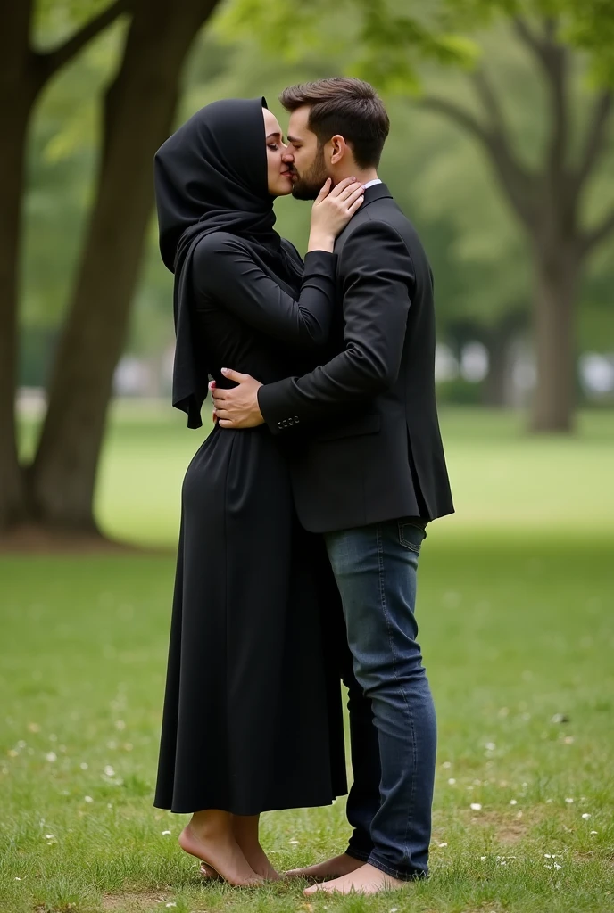 with black headscarf , black skirt, barefoot woman kissing her boyfriend in the park