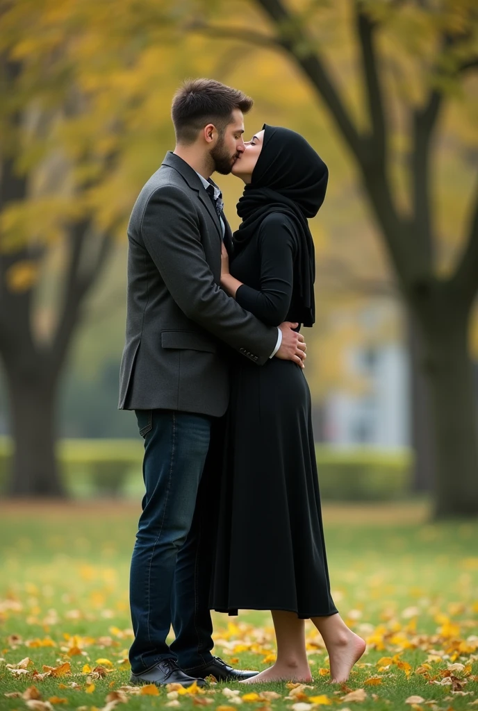 with black headscarf , black skirt, barefoot woman kissing her boyfriend in the park