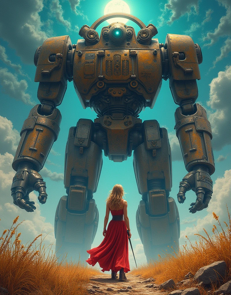 A woman stands in front of a giant robot, Inspired by Ken Kelly, Epic album cover, Imogen Poots as Paladin, Ralph Horsley Vivid Colours, The great princess of the wilderness, Skynet, Complex biopunk pattern, Warrior Queen, Kurul