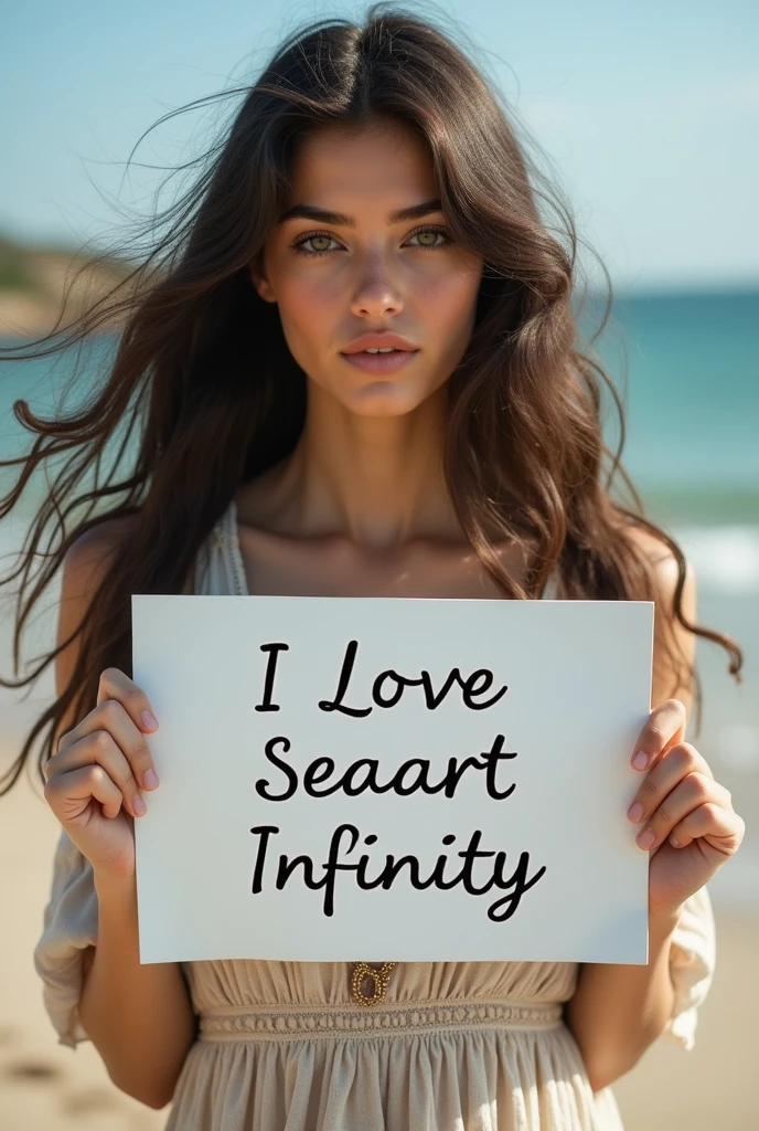 Beautiful girl with wavy long hair, bohemian dress, holding a white board with text "I Love Seaart Infinity" and showing it to the viewer