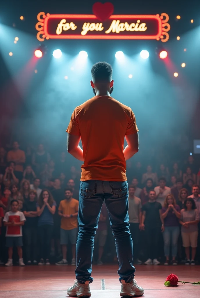 Realistic image of a 35 years old dark haired young man with athletic body military style haircut and beard with stylized mustache. He is wearing Goku's orange t-shirt, blue jeans and Fila sneakers.. He is in a large square on a stage giving a recital for about 20 people., illuminated by 2 reflectors, Lasers and smoke. At the top there is a visible marquee with a legend that says "for you Marcia" and a bouquet of red roses