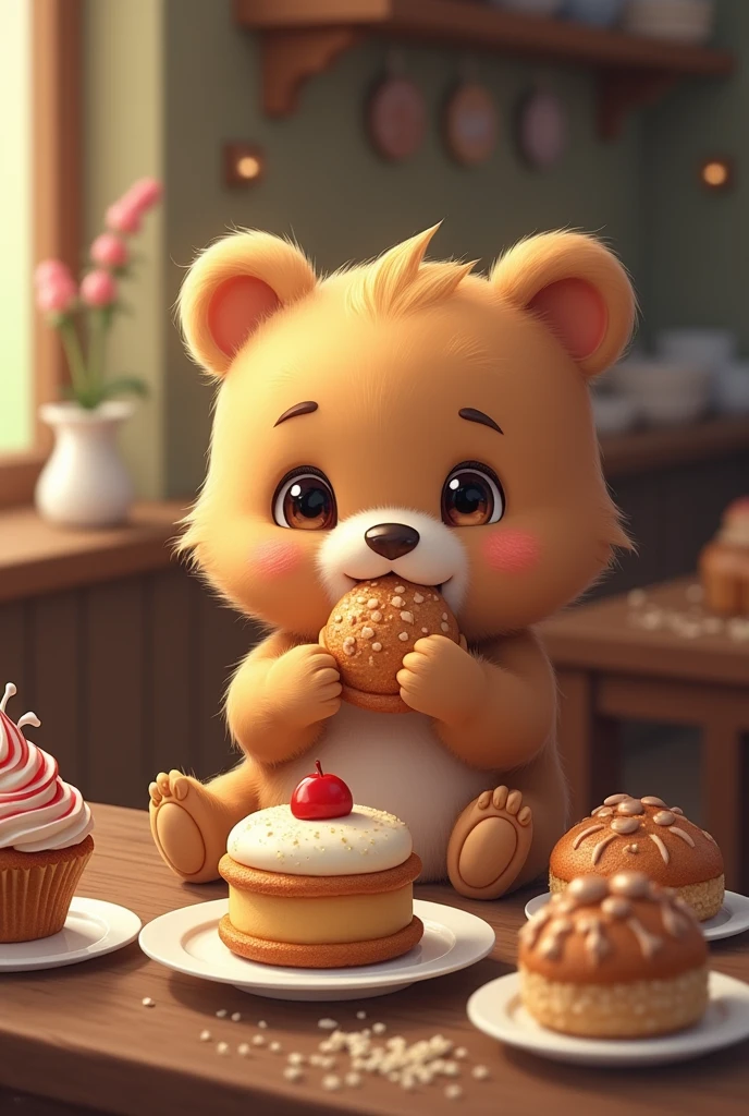 Little bear eating pastries Zulia gives us meat